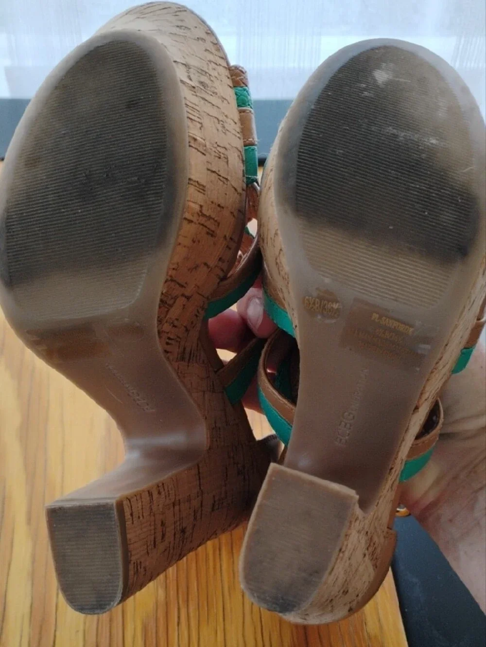BCBGeneration Green and Brown Cork Platform Sandals